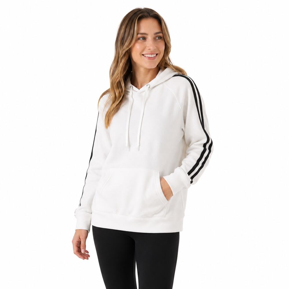Adidas Women’s Large White Hoodie Black 3 Stripe Long Sleeve Pullover